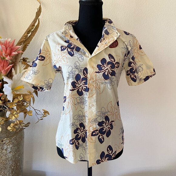 Faded Glory Tops - Hawaiian Floral Vacation Vintage Inspired Button Up Cotton Collared Shirt S NWT